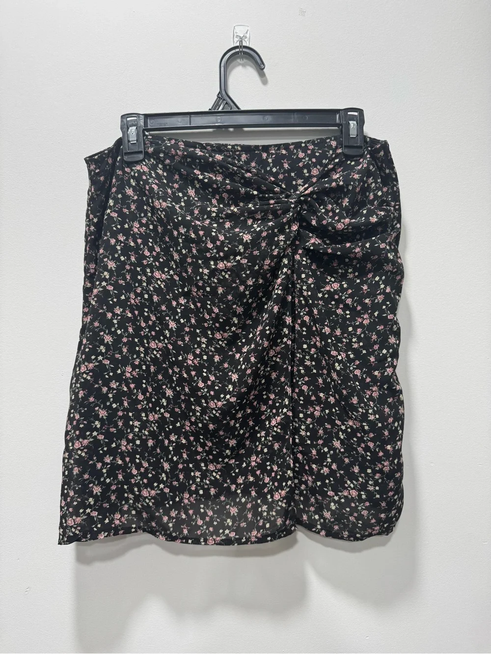 Blue Rain Black Mini Skirt with Pink Floral Print and Twist Detail